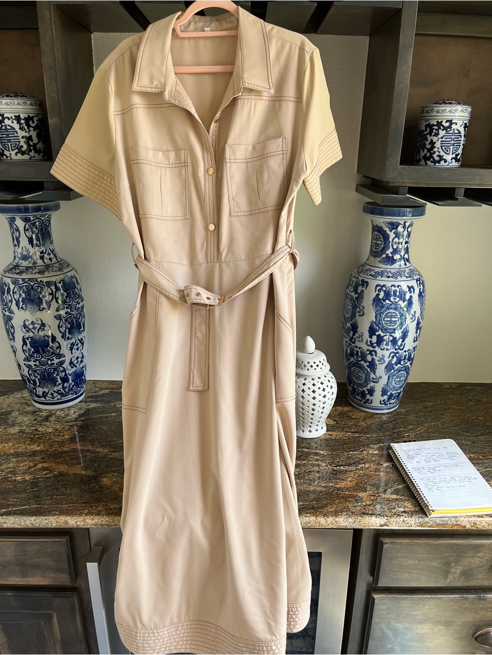 Classic Belted Shirt Dress in Light Beige, NWOT, Size 16